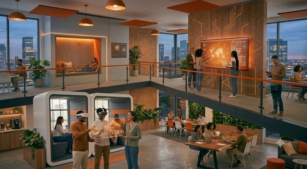 Escritório moderno em dois andares com equipe colaborando, holograma laranja e painel digital com mapa mundial