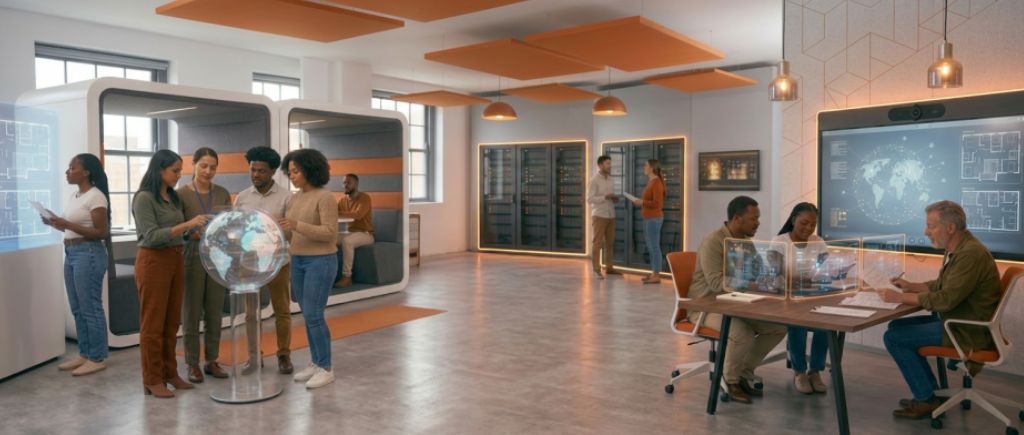 Equipe colaborando em escritório moderno com interfaces holográficas, globo digital e painéis de dados
