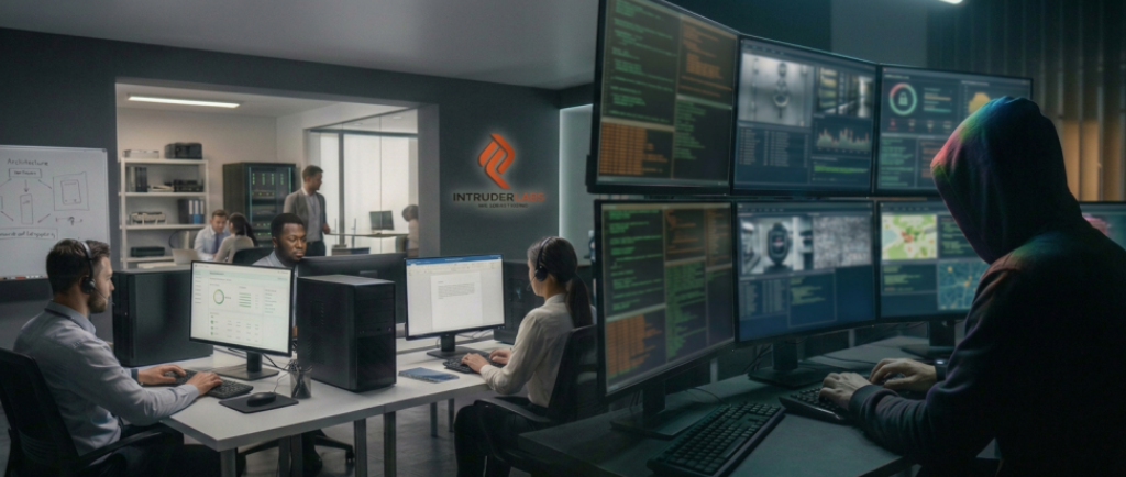 Offensive security team: corporate office and operations center with threat monitoring