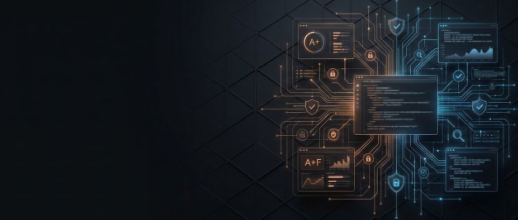 Painéis de análise de headers com notas A+ e ícones de segurança em estilo digital futurista