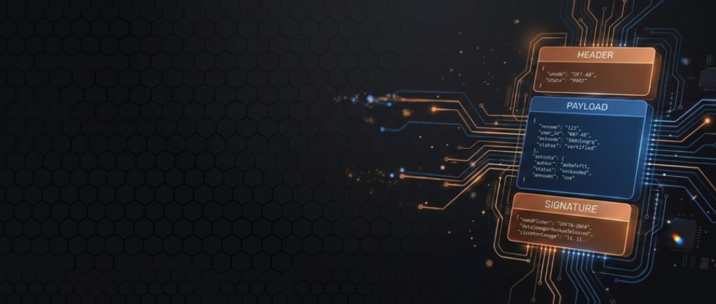 Estrutura de um JWT com painéis Header, Payload e Signature em estilo digital futurista