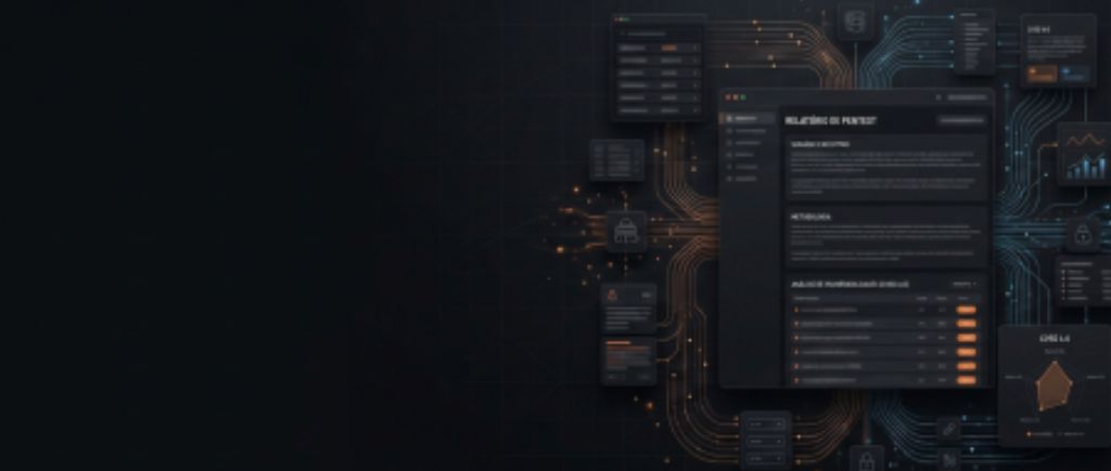 Interface de relatório de pentest com sumário, metodologia e análise de vulnerabilidades em estilo digital