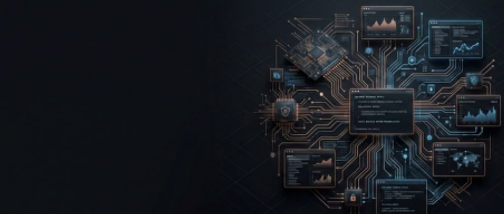 Hub digital com painéis de código, gráficos e ícones de segurança em estilo futurista