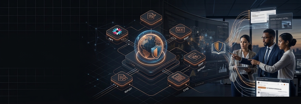 Hub de ferramentas de segurança com JWT, SSTI, SSRF, CVSS e relatório em diagramas holográficos